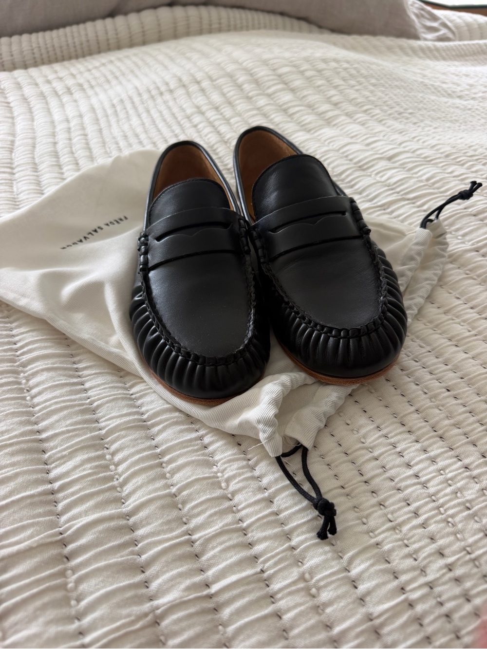Freda Salvador Sydney Ruched Penny Loafers in Black Calf
